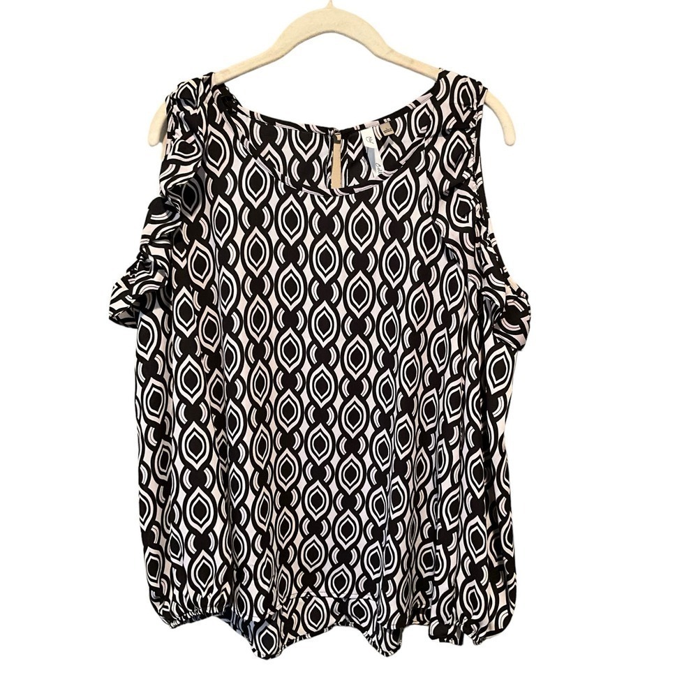 New York Blouse Top Women Size L Black/White Cold Shoulder Long Sleeve Polyester